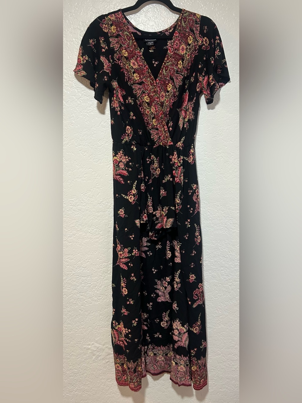 Angie Black, Pink, and Cream Floral Print Romper with Long Train